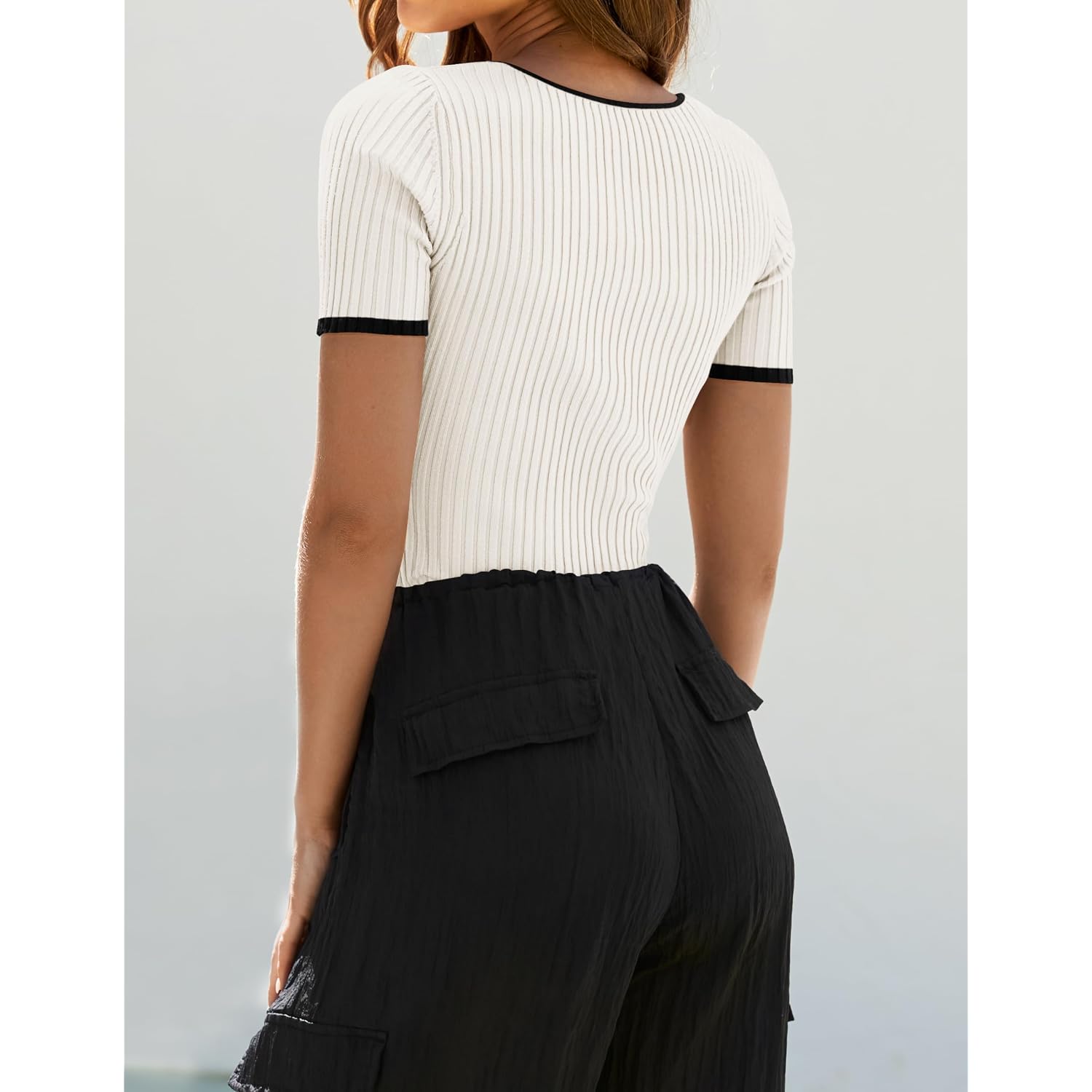 Zesica Women'S Short Sleeve Square Neck Color Block T Shirt 2026 Summer Slim Fit Ribbed Knit Basic Tee Tops