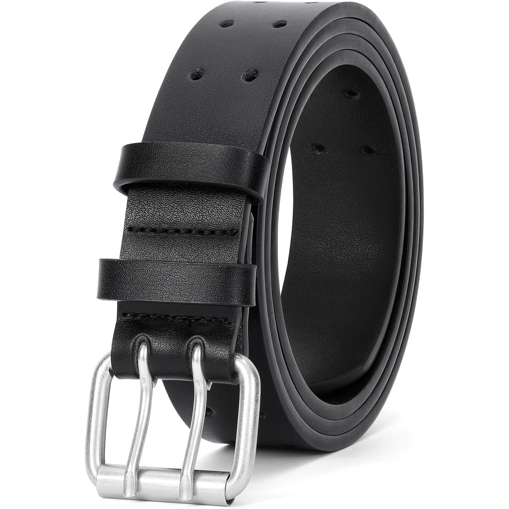 Jasgood Men Double Prong Pu Leather Belt Casual Work Heavy Duty Belt Double Grommet Holes Belt For Jeans