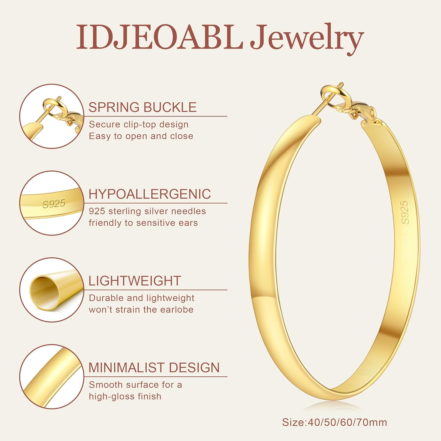 IDJEOABL 5mm Wide Gold Hoop Earrings for Women Trendy 14K Gold Plated Large Big Flat Hoop Earrings Non Tarnish Everyday Earrings Jewelry for Women