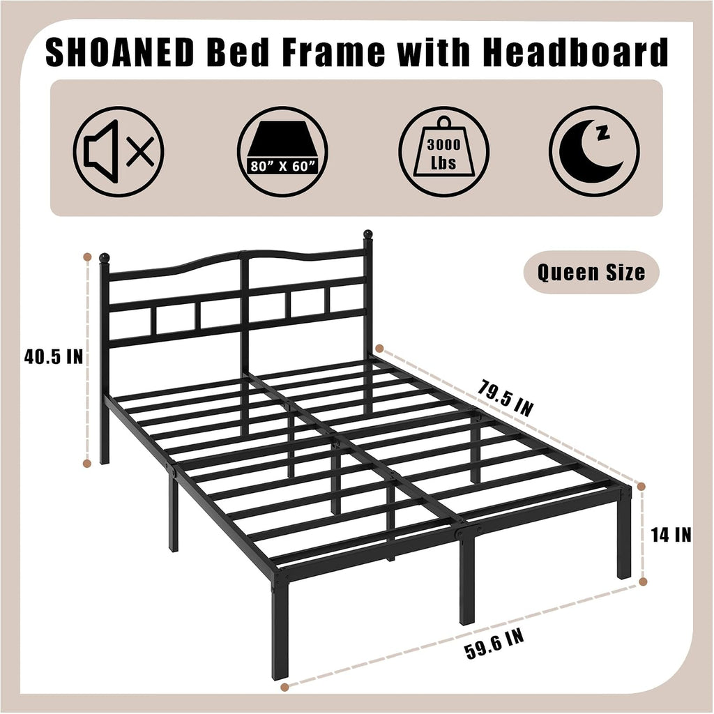 14 Inch Metal Bed Frame - Queen Size Heavy Duty Bedframe With Headboard Black Basic Steel Slats Platform No Box Spring Needed/Easy Assembly/Noise Free