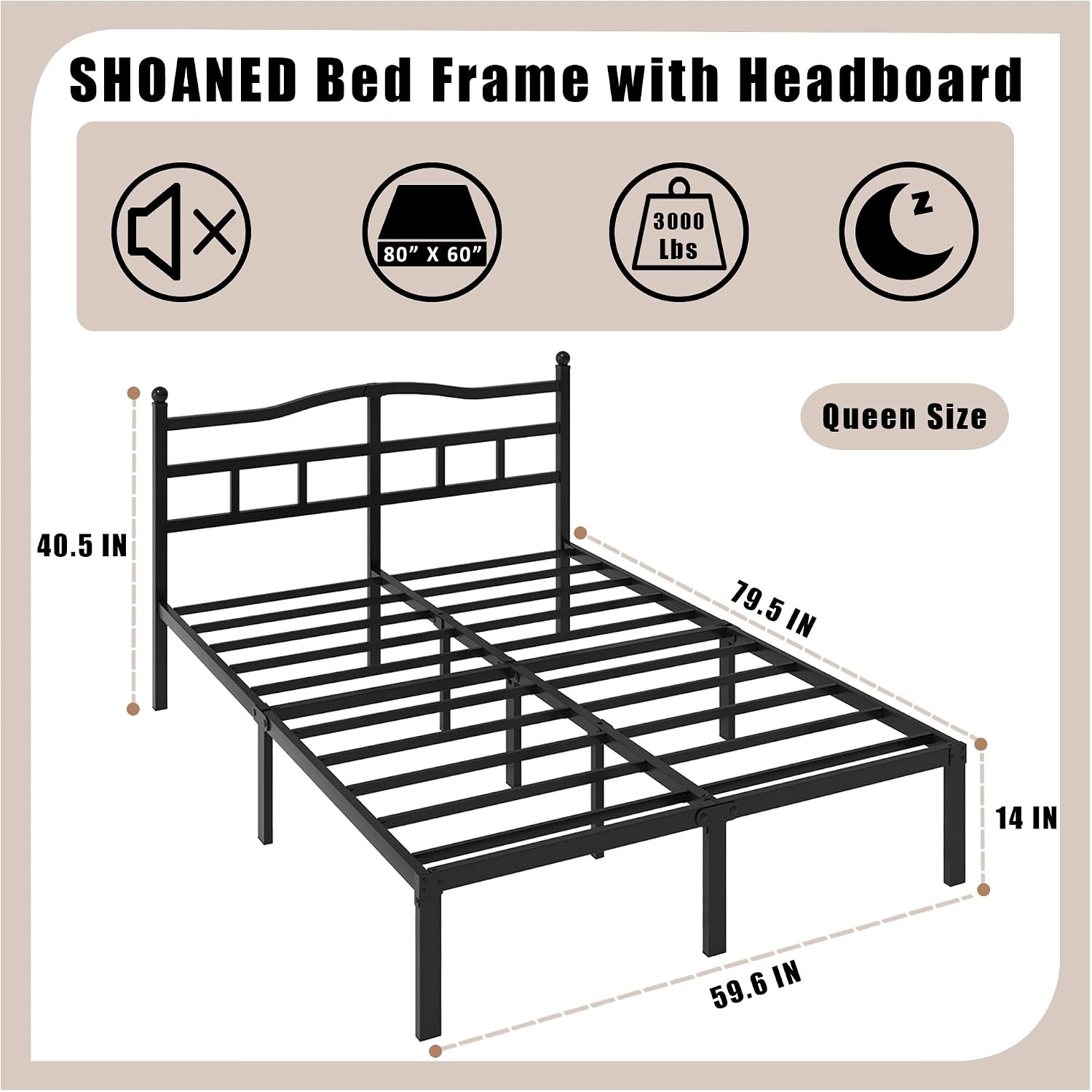 14 Inch Metal Bed Frame - Queen Size Heavy Duty Bedframe With Headboard Black Basic Steel Slats Platform No Box Spring Needed/Easy Assembly/Noise Free