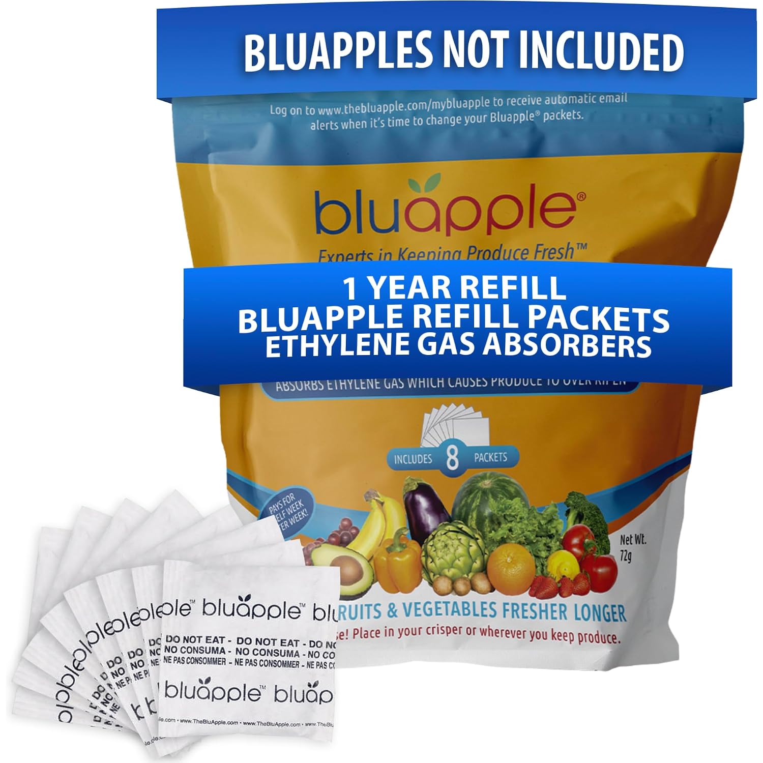 Bluapple Produce Saver Ethylene Gas Absorber - Fresh Fruit & Vegetable Storage, Food Savers For Refrigerator, 8 Packets (9G Each), Each Packet Lasts 3 Months, Kitchen Must Haves, Usa Made - Refill Kit