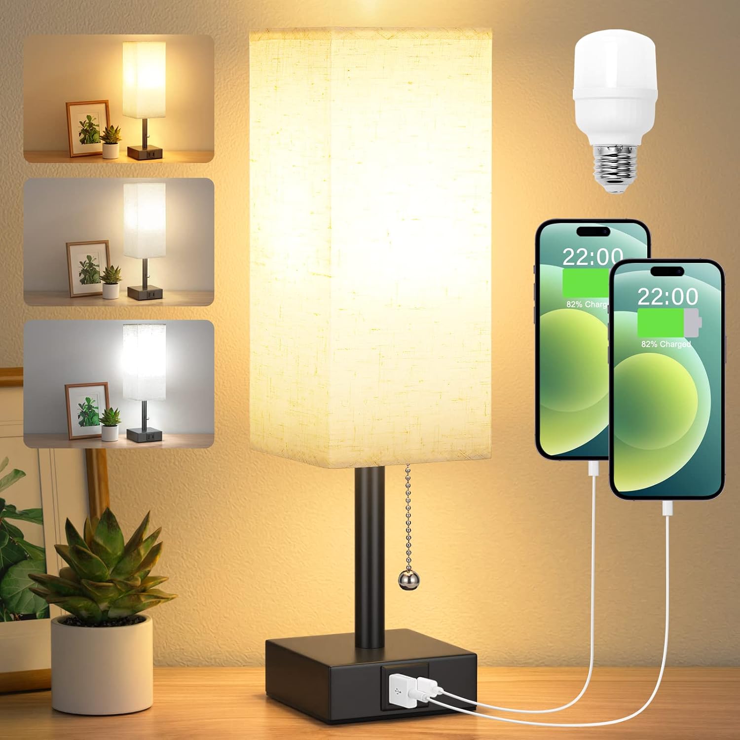 Bedside Table Lamp With 3 Color Temperatures - 3000/4000/5000K Small Lamp With Usb C+A Ports, Nightstand Lamp With 3 Color Modes By Pull Chain, Bedroom Lamp For Living Read Work(Led Bulb Included)