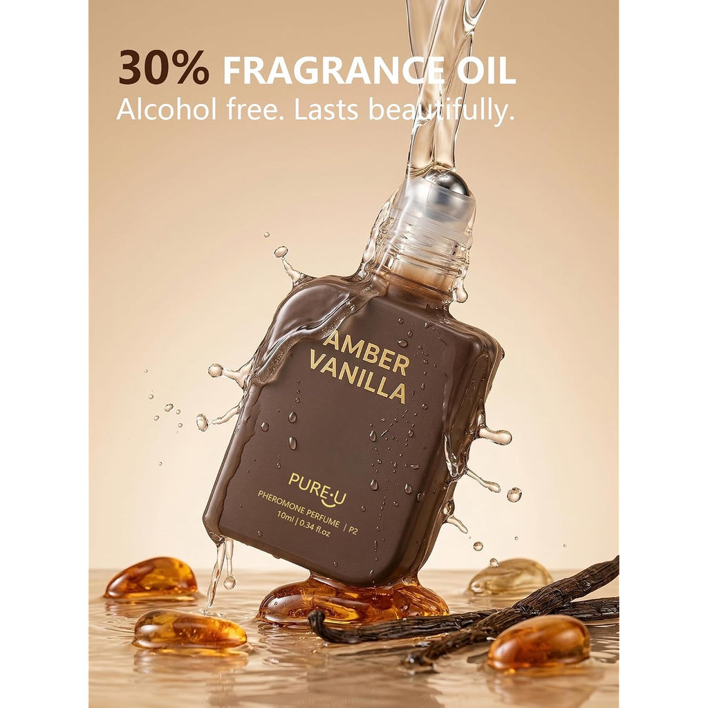 Amber Vanilla Pheromone Perfume Oil For Women, Long Lasting Extrait De Parfum Roll On With Clip-On Keychain, Alcohol Free Portable Travel Size Fragrance For Date Night & On-The-Go, 0.34 Fl Oz