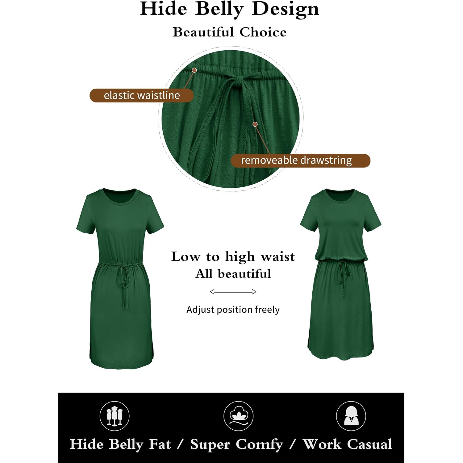 Simier Fariry Womens Summer Hide Belly Knee Length Travel Dress Pocket Short Sleeve Midi Work Casual Outfits