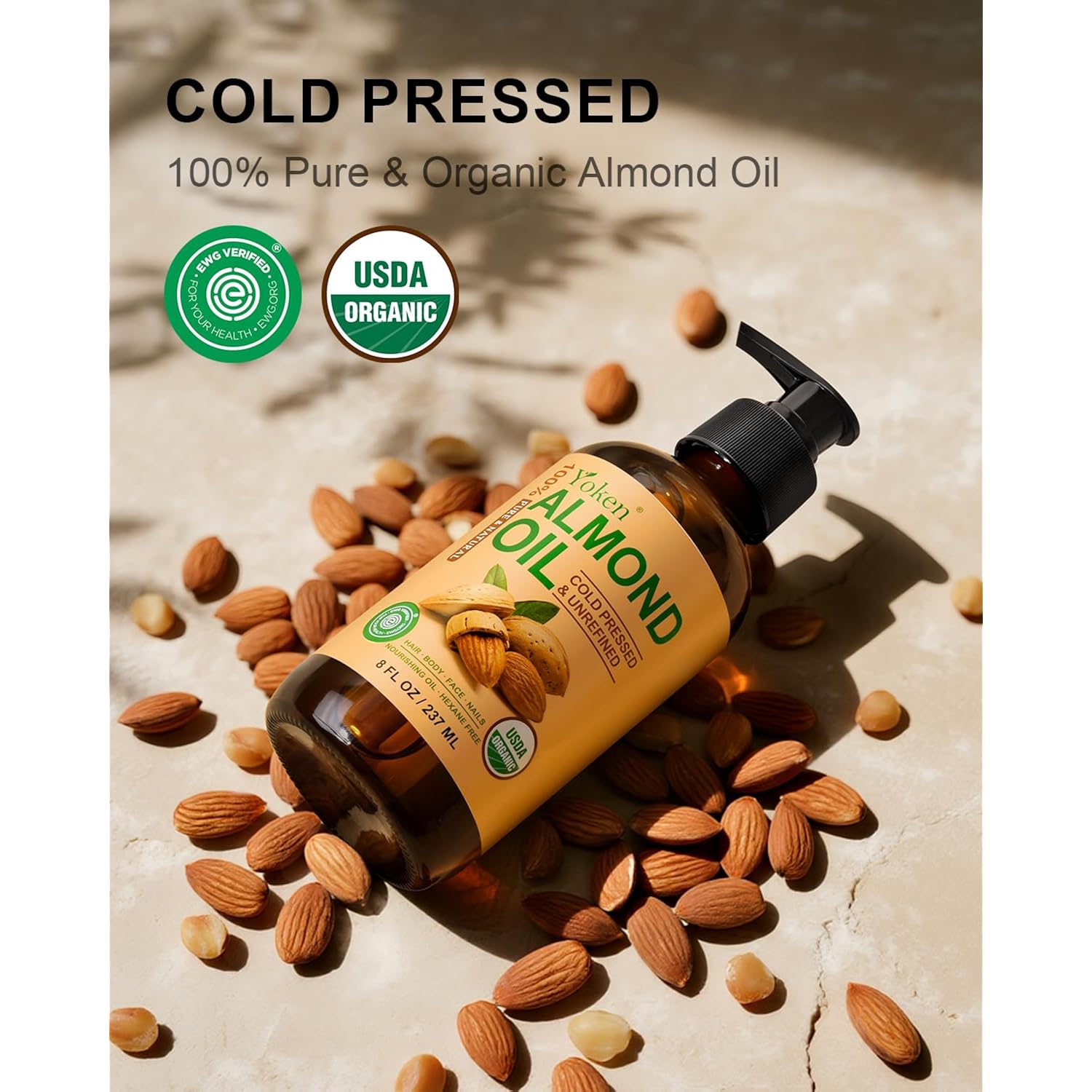 Yoken Organic Almond Oil 8 Oz Glass Bottle, Cold Pressed For Skin & Hair