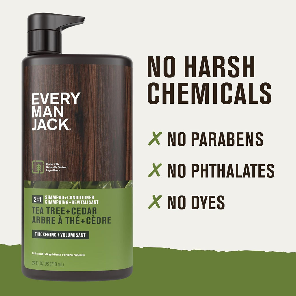 Every Man Jack Mens Shampoo And Conditioner 2 In 1 - Thickening Tea Tree - Moisturizing, Volumizing - Free Of Parabens, Phthalates & Dyes - 24Oz - 1 Bottle