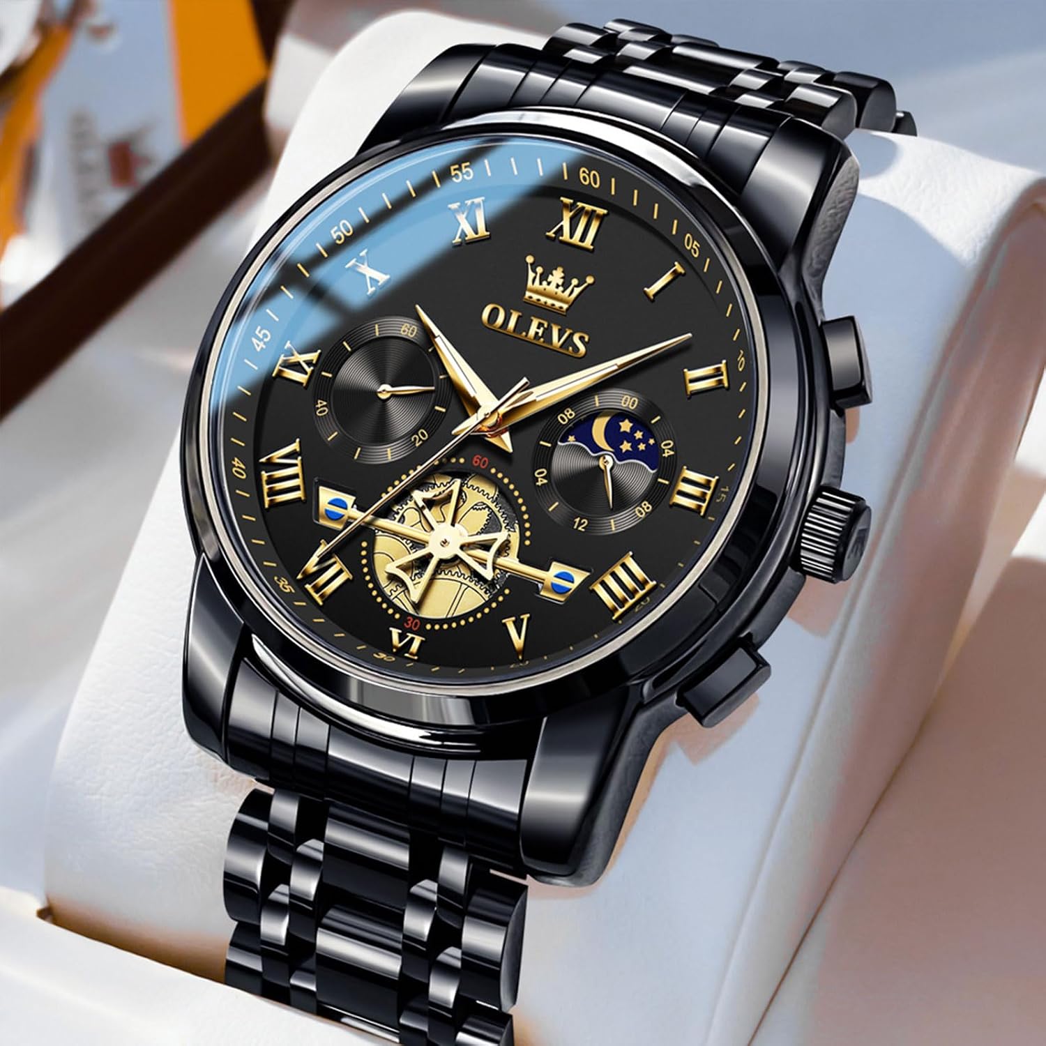Olevs Watches Men Waterproof Luxury Big Face Mens Watch Stainless Steel Quartz Analog Dress Watches For Men Luminous Multifunction Man Watch Relojes De Hombre
