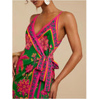 Roseseek Women'S Tropical Print Cami Dress Sleeveless Wrap V Neck Tie Knot Boho Short Dresses