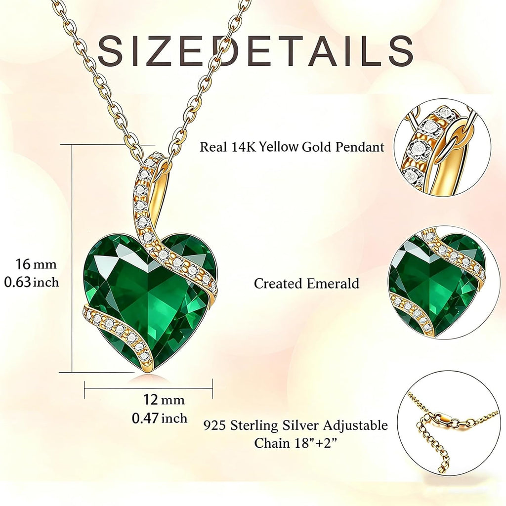 14k Gold Heart Shaped Birthstone Necklace for Women, 3.5 Carat Created Gemstone Pendant Necklaces Mother's Day Birthday Jewelry Gift for Mom Grandma Wife 18+2 Inch