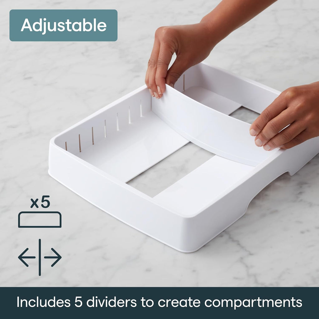 Youcopia Storalid Food Container Lid Organizer For Kitchen Cabinet Storage With 5 Adjustable Dividers, 10.5''D × 13.4''W × 3.3''H, Large Classic Edition, White