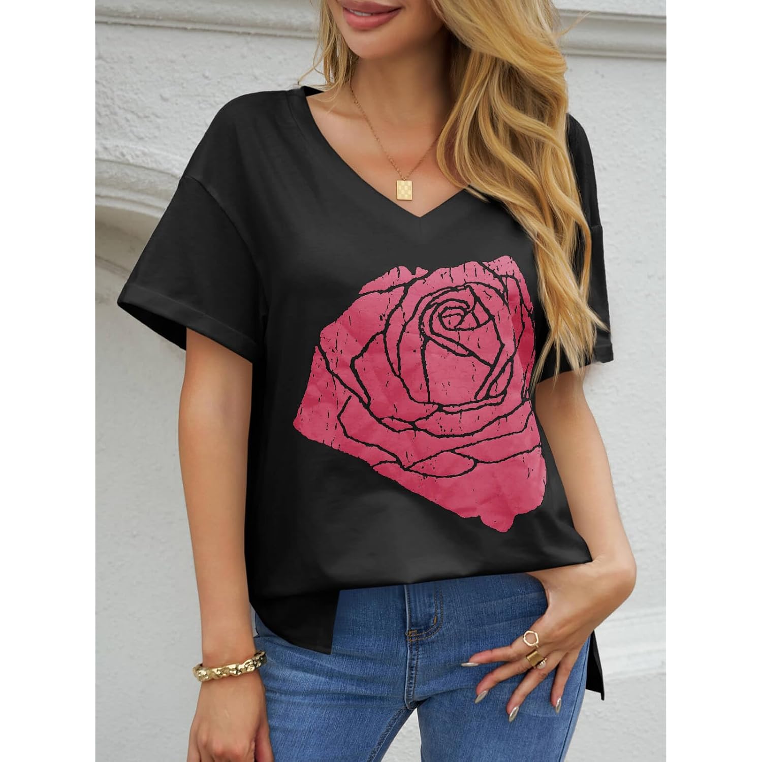 Tankaneo Womens Oversized Tshirts V Neck Short Sleeve Tops Summer Casual Loose Fit Tunic Tee Shirts Rose Black