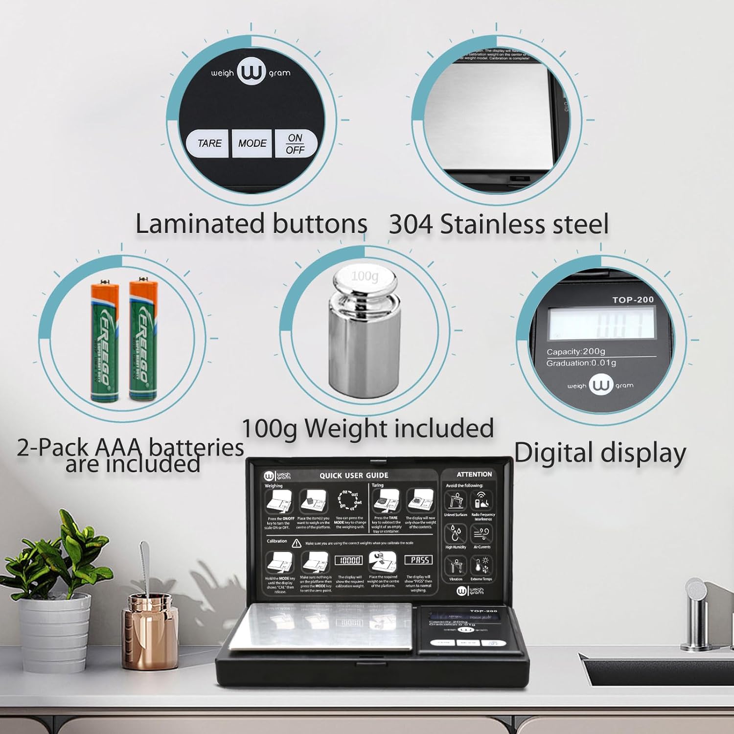200G Digital Pocket Gram Scale 0.01G Accuracy, 200G X 0.01G Mini Digital Grams Scale, Small Food Scale, Jewelry Scale, Ounces Grains Scale With100G Calibration Weight
