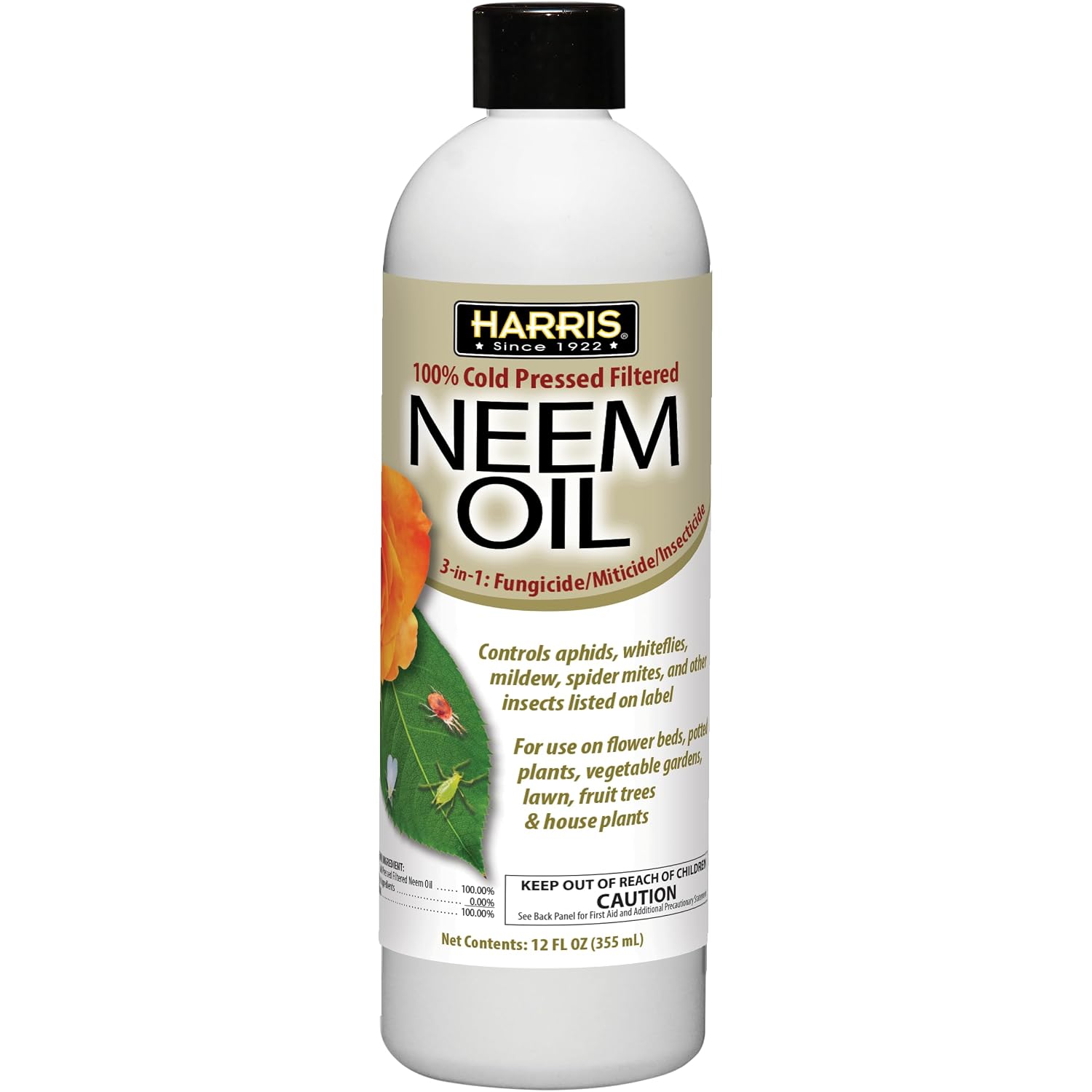 Harris Concentrated Neem Oil 100% Cold Pressed Filtered Oil Insecticide/Miticide/Fungicide, 12 Oz Concentrate