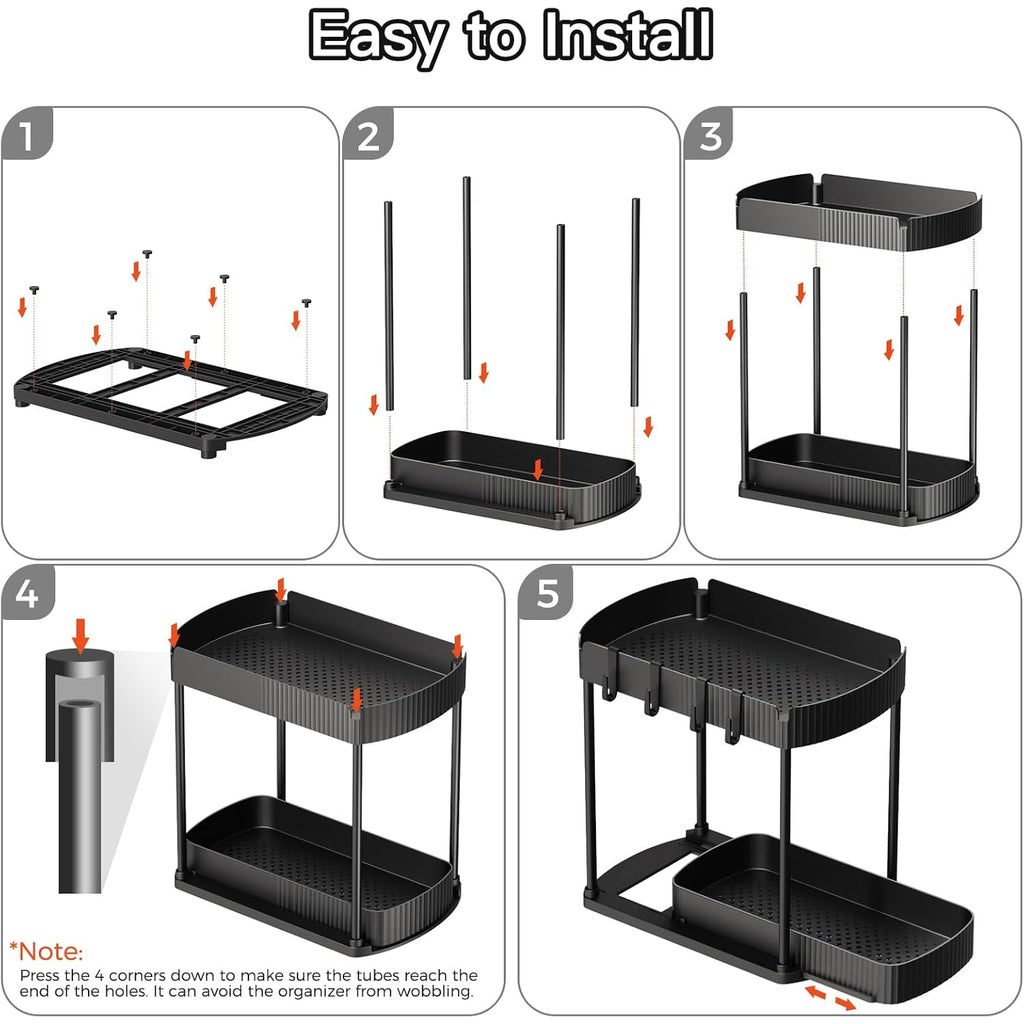 Ukeetap Multi-Purpose Pull-Out Storage Organizers, Under Sink/Cabinet Organizers and Storage for Bathroom & Kitchen, Black, 12.8 Inches, 2 Packs