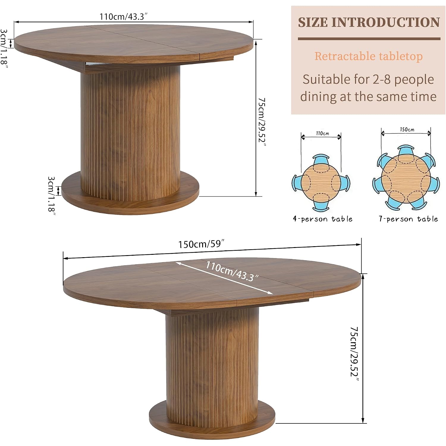 43.3 Inch 59 Inch Adjustable Size Round Dining Table For 4 6, Unique Design Modern Farmhouse Kitchen Table, Circle Dining Tables With Wood Strip Base For Kitchen Living Room (Walnut)
