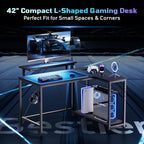 Bestier Gaming Desk With Power Outlets, 42" L-Shaped Computer Desk With Led Lights, Desk With Reversible Storage Shelves & Hooks For Small Spaces, Bedrooms & Offices, Black Carbon Fiber