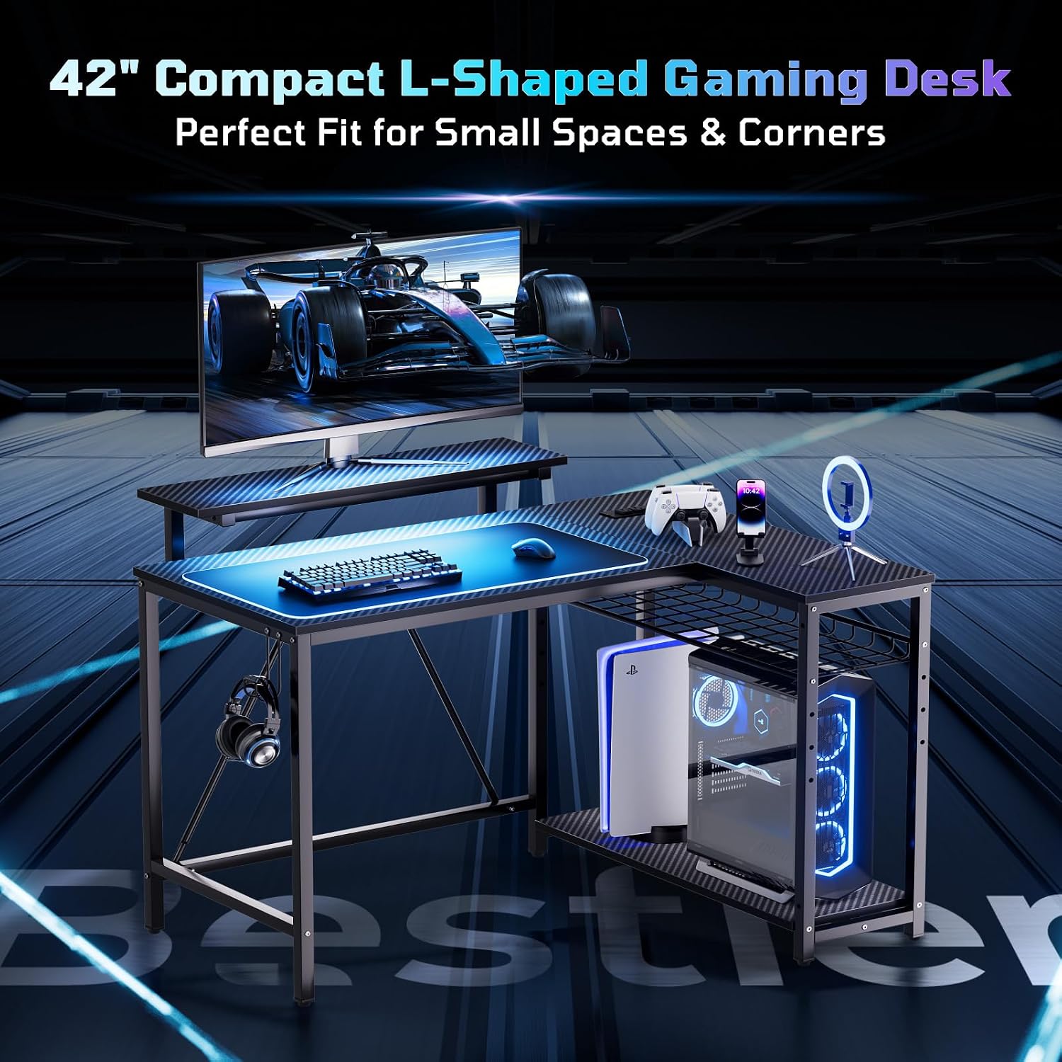 Bestier Gaming Desk With Power Outlets, 42" L-Shaped Computer Desk With Led Lights, Desk With Reversible Storage Shelves & Hooks For Small Spaces, Bedrooms & Offices, Black Carbon Fiber