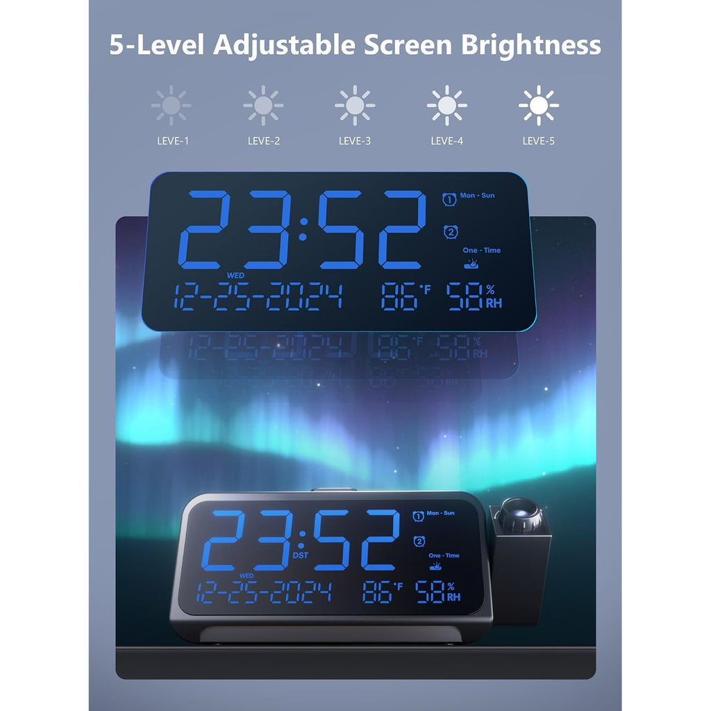 Projection Clock For Bedroom Ceiling, Alarm Clock For Heavy Sleepers | 350° Rotatable Projector, Dual Alarms, 5 Brightness, Weekday/Weekend Mode, Temp & Humidity, Snooze, Usb Charger