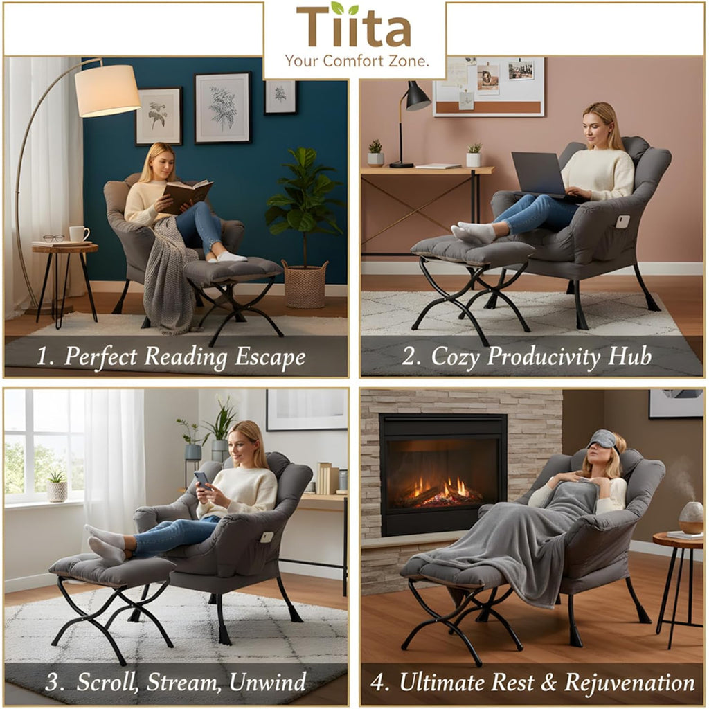 Lazy Chair With Ottoman, Gray Modern Large Accent Chairs, Comfy Leisure Sofa Armchair With Ottoman, Reading Chair With Footrest For Bedroom, Living Room, Dorm Rooms, Garden Dark Grey