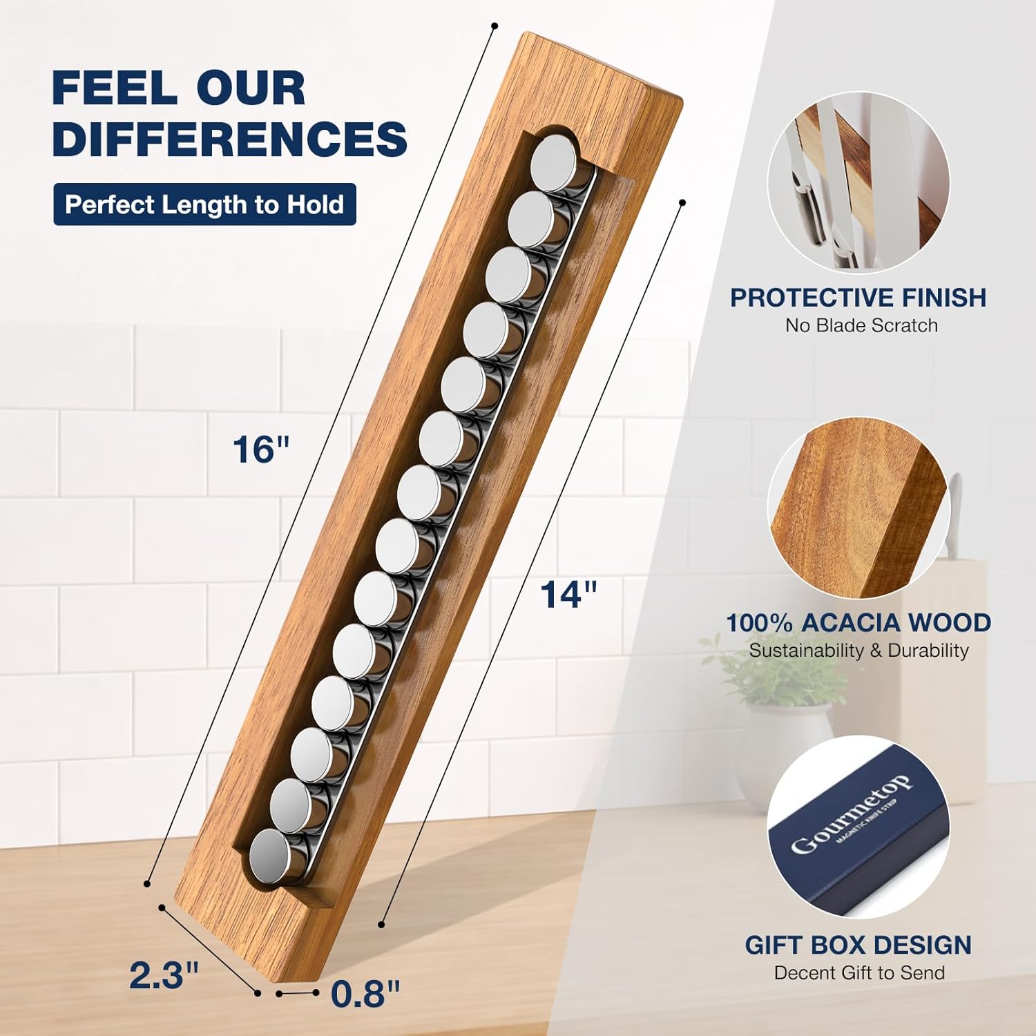 Magnetic Knife Holder for Wall, Acacia Wood Magnetic Knife Strip 16”, Strong N50 Knife Magnet Rack, No Drill 3M Adhesive or Screw Mount, Wooden Kitchen Knife Holder Organizer for Wall, Fridge, Kitchen