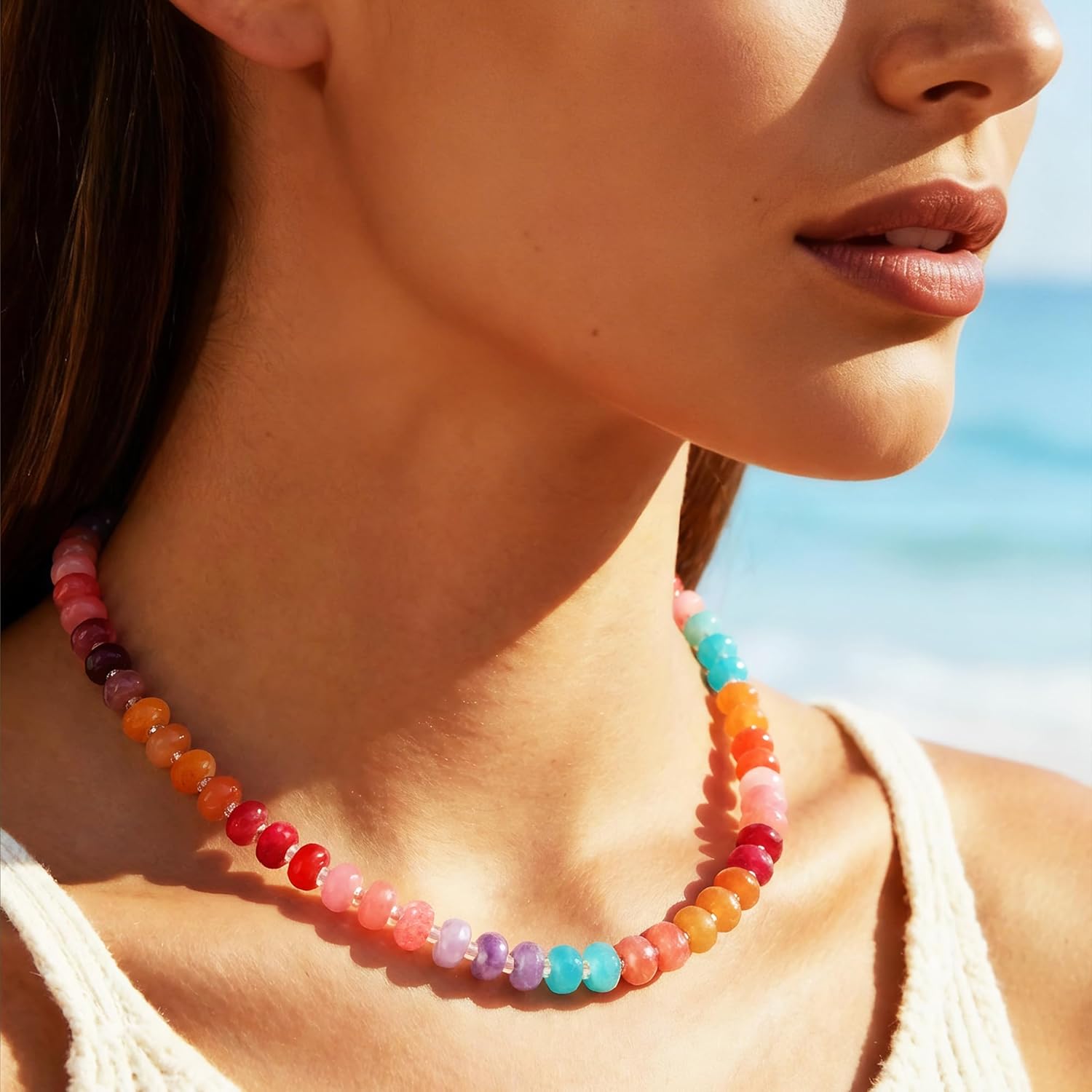 HAXIYA Colorful Beades Gemstone Necklace for Women Boho Beaded Choker Rainbow Colorful Natural Stone Summer Beach Jewelry for Women