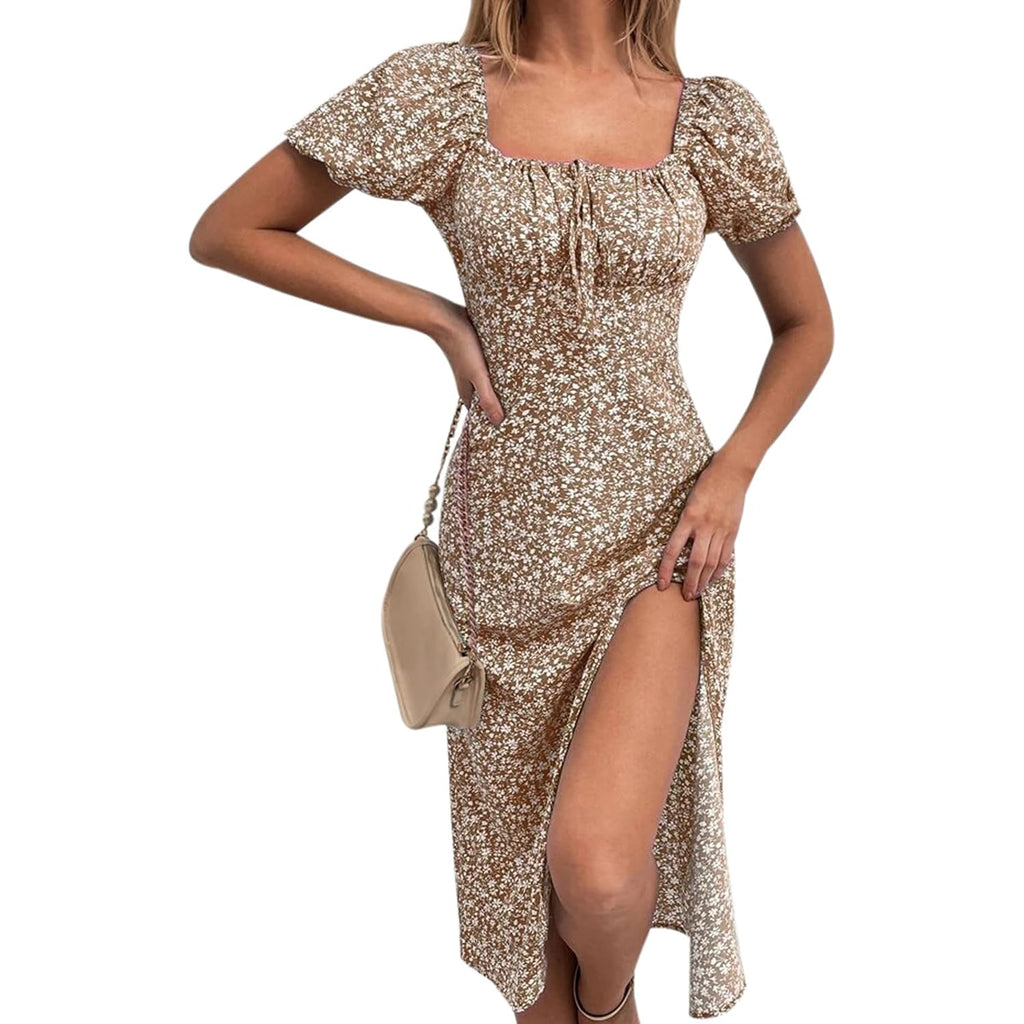 Sprime Women'S Floral Summer Casual Dress Square Neck Puff Sleeve Boho Midi Dresses Ruched Bust High Waist Split Long Dress
