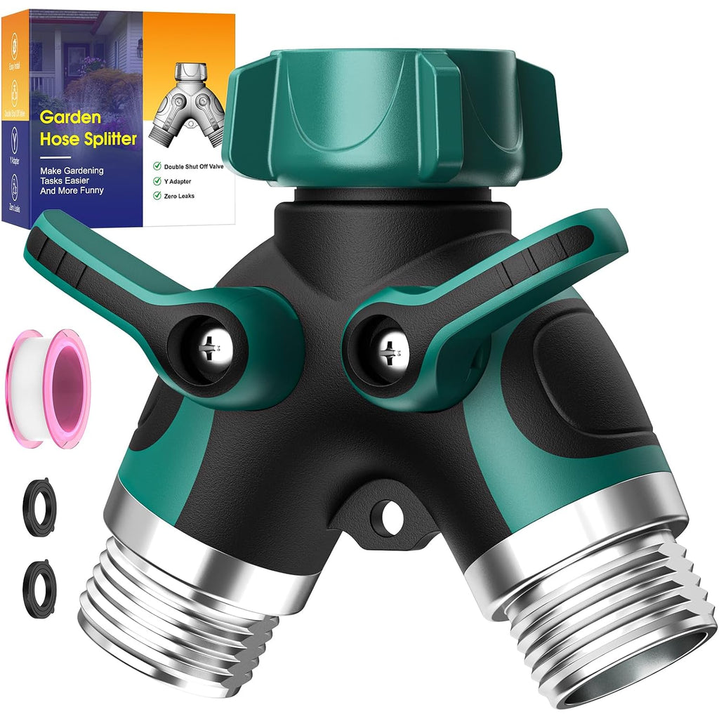 2 Way Garden Hose Splitter With Shut Off Valve,Water Spigot Splitter For 3/4" Hose Connector,Heavy Duty Metal Outdoor Faucet Splitter Y Connector For Garden Hose,With 3 Leakproof Washers & 1 Tape