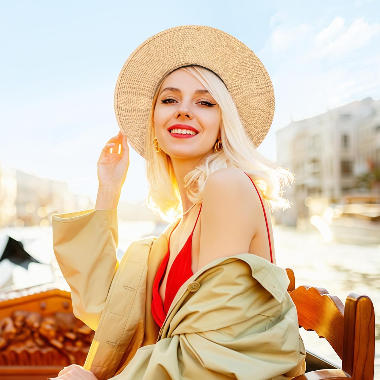 Beach Hats for Women - Sun Hat Womens, Wide Brim Straw Womens Sun Hat with Wind Lanyard Roll Up Foldable UV Protection