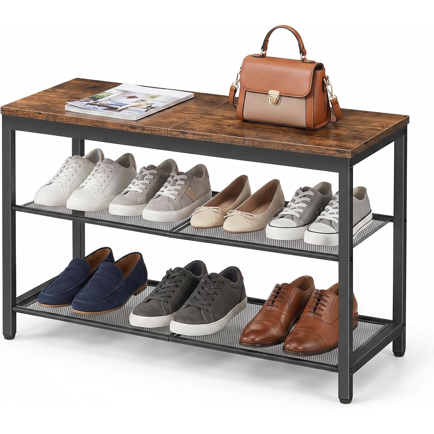 Hoobro Shoe Bench, 3-Tier Shoe Rack, Industrial Shoe Organizer Storage Bench, 29.5 Inches Entry Bench With Mesh Shelves, For Entryway, Living Room, Hallway, Easy Assembly, Rustic Brown Bf75Hx01