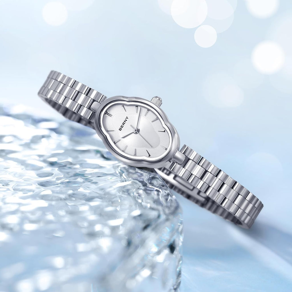 Berny Silver Watches For Women Dainty Ladies Wristwatch Vintage Copper Mirrors Shape Japanese Quartz Movement 3Atm Waterproof All Stainless Steel Fashion Female Wrist Watch Birthday Gifts