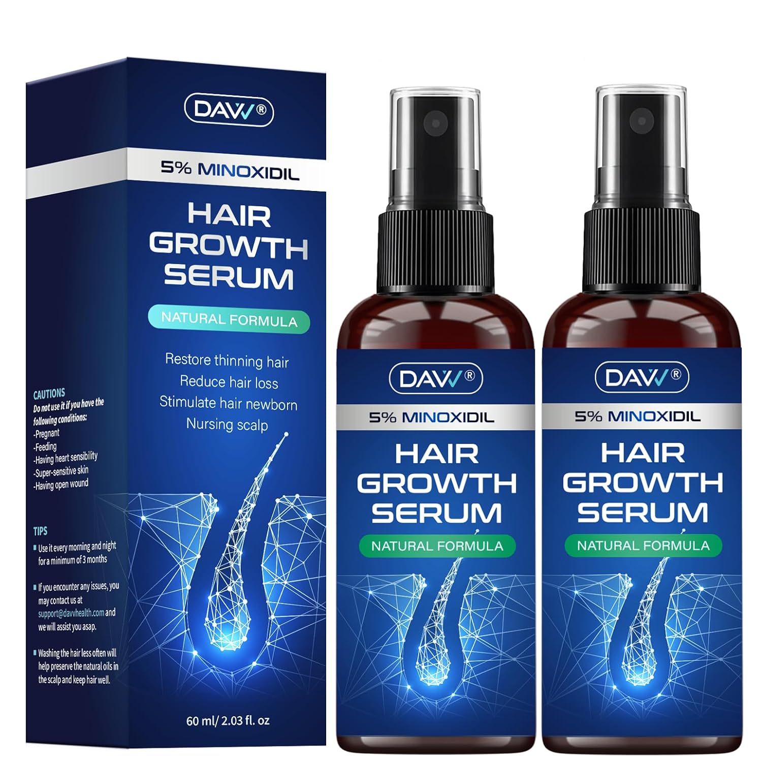 5% Minoxidil for Women and Men: 2-Pack Minoxidil Hair Growth Products - Minoxidil for Men - Biotin Serum - Hair Growth Serum with Rosemary - Hair Loss Solution - Faster Stronger Thicker - 60ML Each