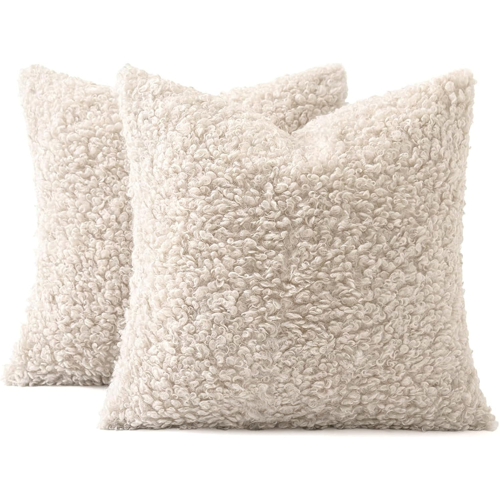 Miulee Faux Fur Decorative Sherpa Throw Pillow Covers 18X18 Inch Pack Of 2 | Neutral Light Beige Pillow Covers Fuzzy Accent Soft Sheepskin Fleece For Boho Home Decor Sofa Living Room Couch Bed