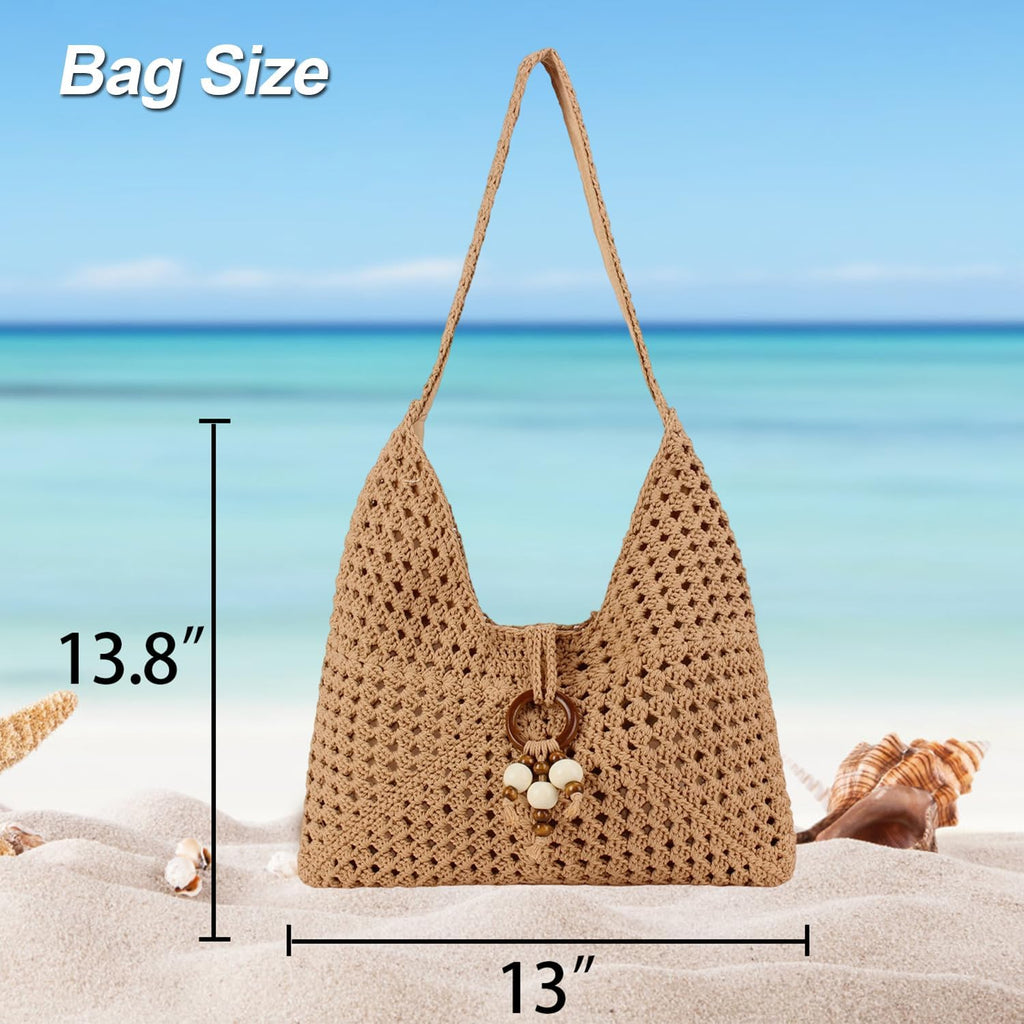 Peicees Crochet Summer Purse, Boho Woven Purse For Travel Beach Vacation Cruise Knit Shoulder Bag For For Women Ladies