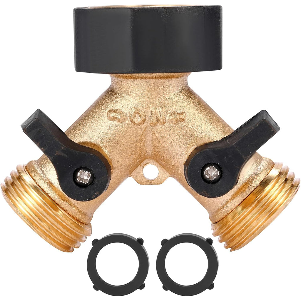 Garden Hose Splitter 2 Way Heavy Duty, Y Connector Brass Garden Hose Adapter, Hose Bib Splitter With 2 Extra Rubber Washers | Brass Garden Hose Adapter Hose Bib Splitter With 4 Extra Rubber Washers