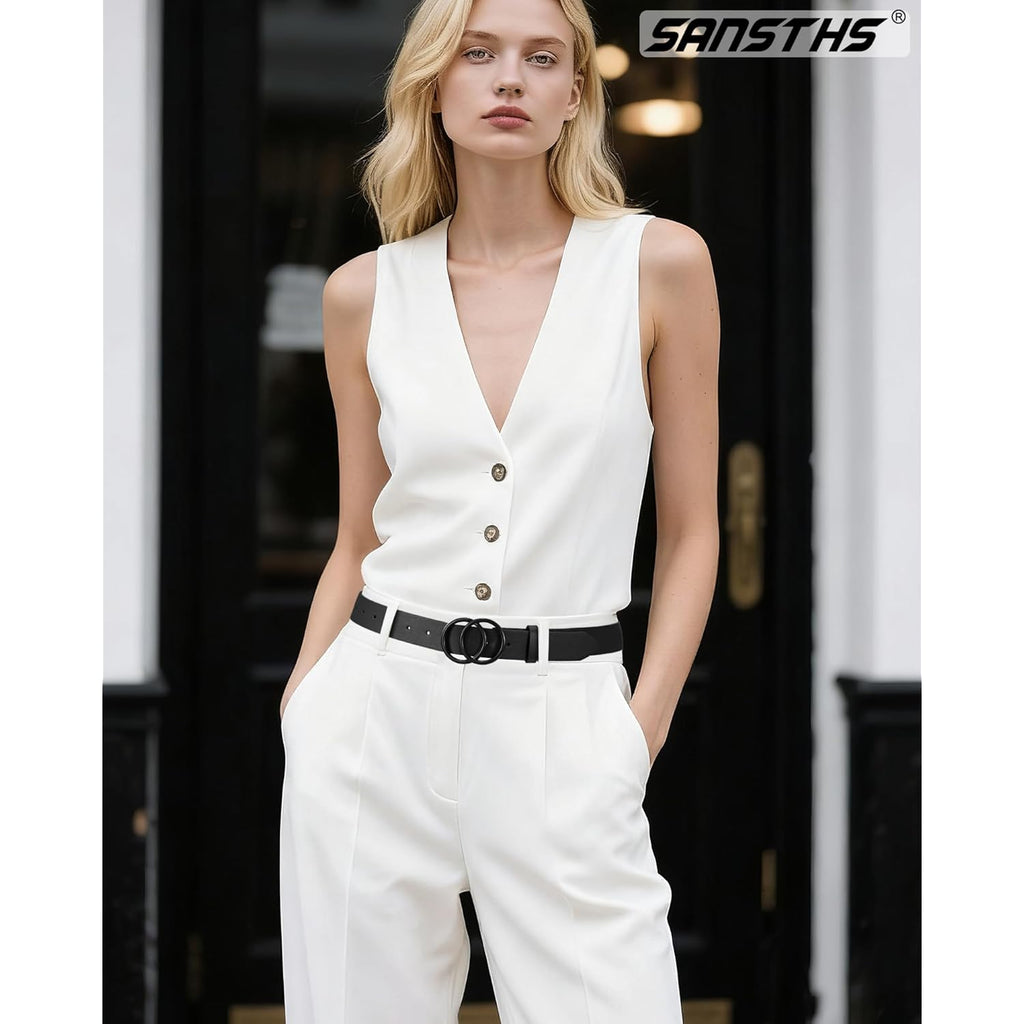 SANSTHS Womens Leather Belt for Jeans Pants Fashion Waist Belts Gold Silver Double Ring Buckle