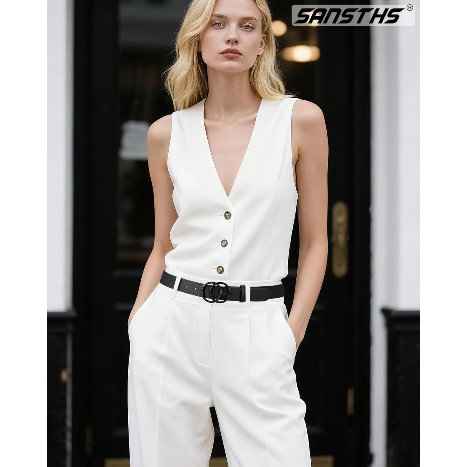 SANSTHS Womens Leather Belt for Jeans Pants Fashion Waist Belts Gold Silver Double Ring Buckle