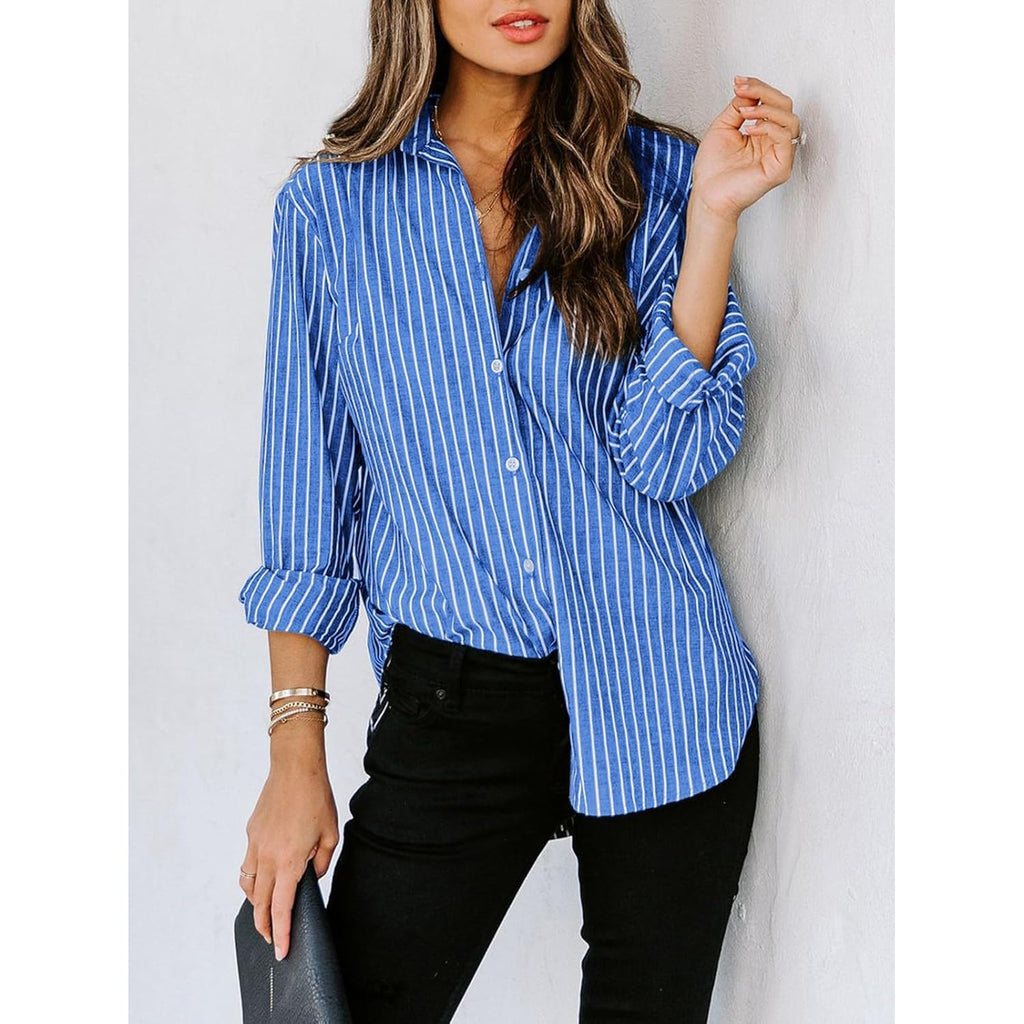 Womens Button Down Shirts Cotton Striped Dress Shirt Long Sleeve Collared Office Work Blouses Tops
