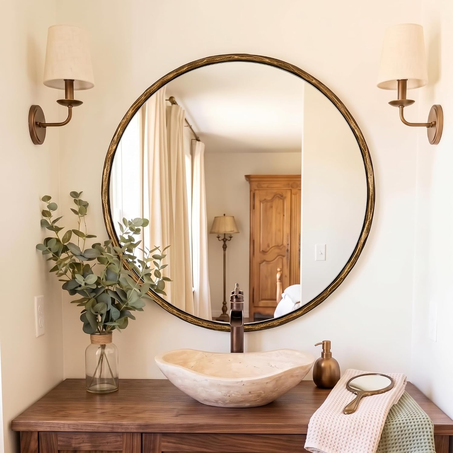 36 Inch Hand-Forged Round Gold Mirrors, Hammered Bathroom Round Wall Mirror For Over Sink, Solid Steel Metal Frame Vanity Circle Mirror For Antique, Vintage, Farmhouse, Rustic