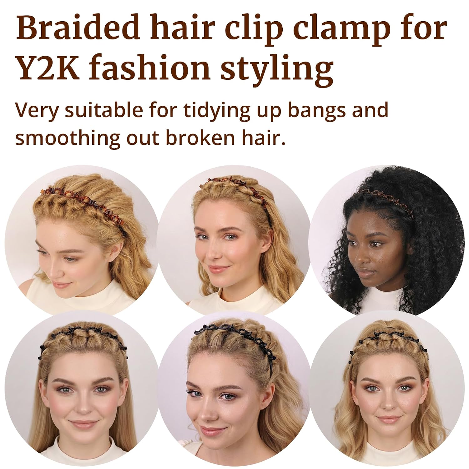 2 Pack Clip Headband For Twisty Bangs, 90S Hair Accessories For Women With 8 Mini Clips, Braided Hair Clip Headbands For Y2K Fashion Styling, Black And Brown