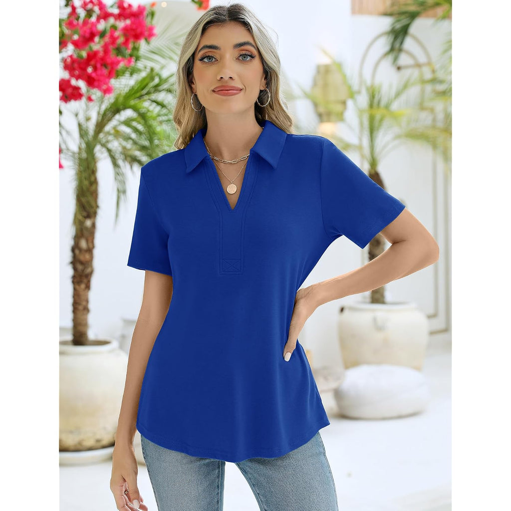 Zhenwei Women'S Short Sleeve V-Neck Polo Shirts Business Casual Work Collared Tops Dressy Johnny Collar Cute Blouses