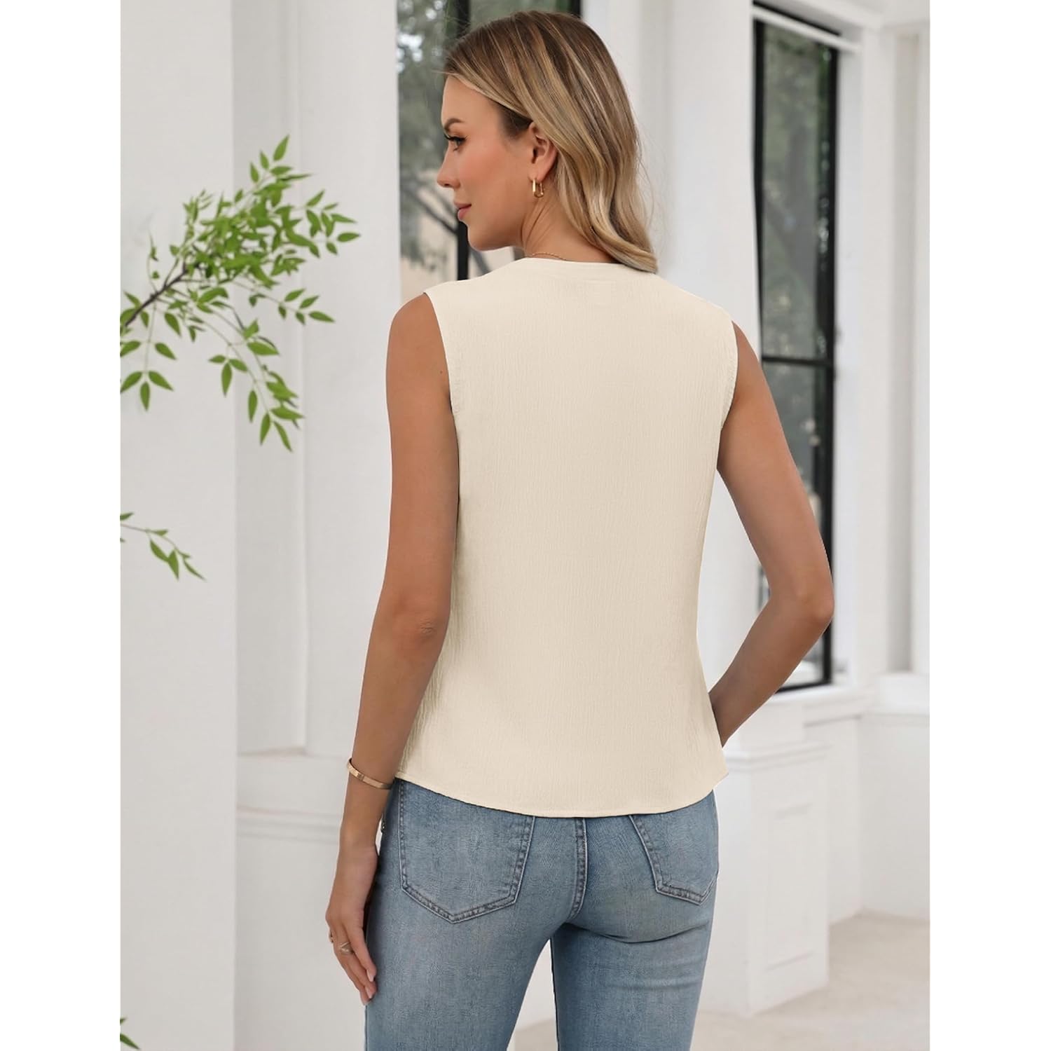 Womens Sleeveless Button Down Business Casual Work Tank Tops Summer Dressy Pleated V Neck Dress Shirts Blouses 2026