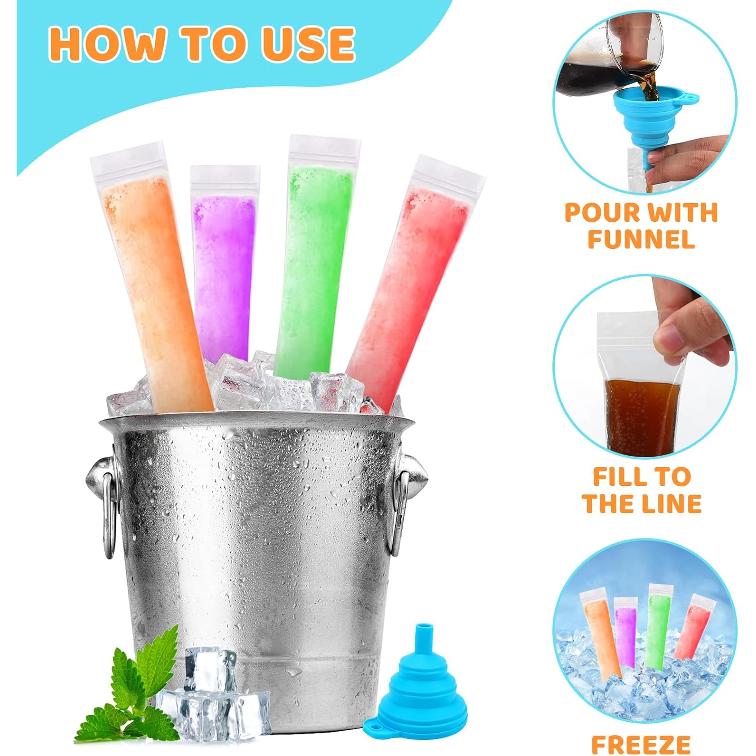 300 Disposable Ice Popsicle Mold Bags Comes With A Funnel, Bpa Free Freezer Tubes, Healthy Snack Yogurt Stick Juice Fruit Smoothies Ice Freezing