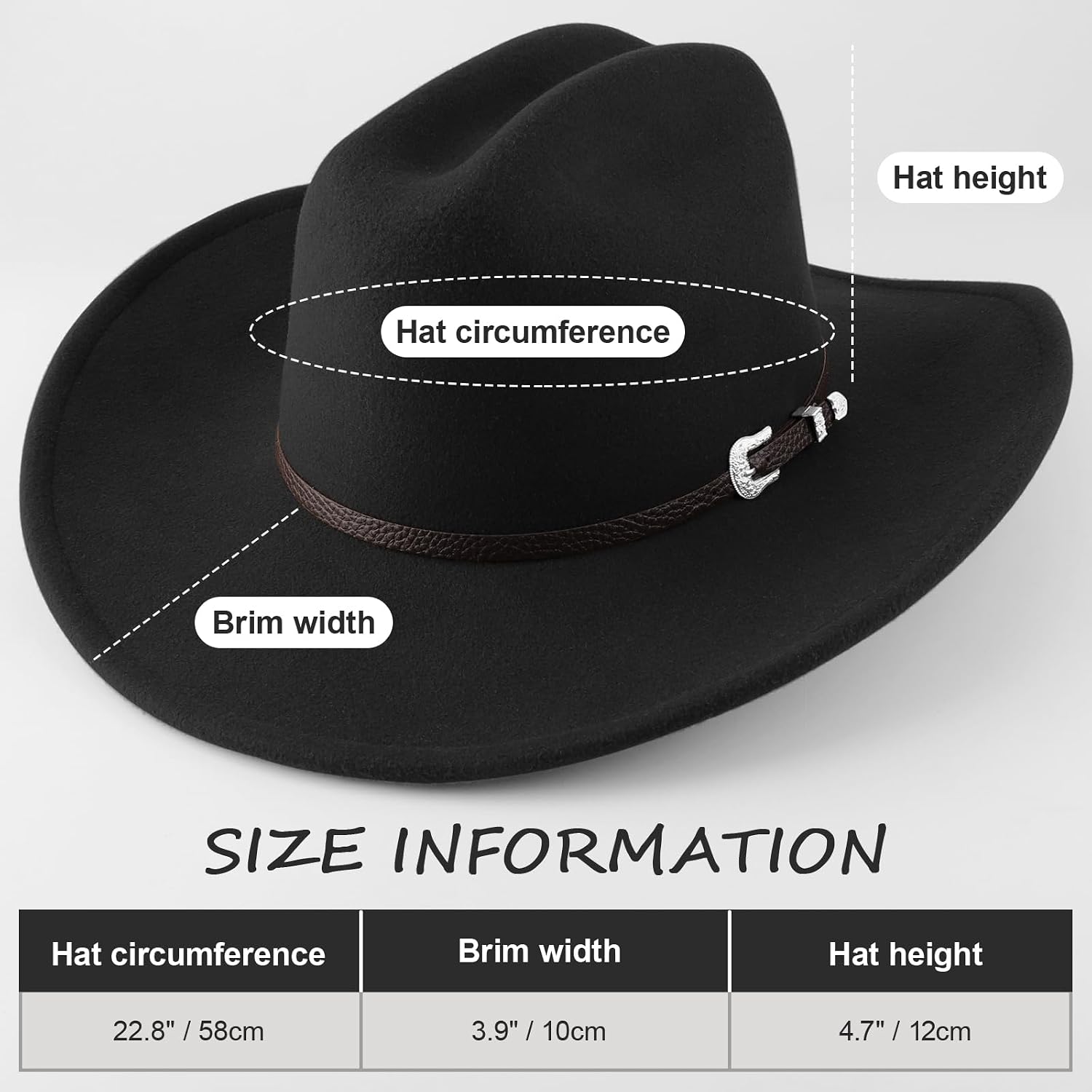 Western Cowboy Hats for Women Classic Felt Wide Brim Fedora Hat with Belt Buckle Retro Panama Hat Unisex Rolled up Cap 1 Pc Fedora Hat : Black