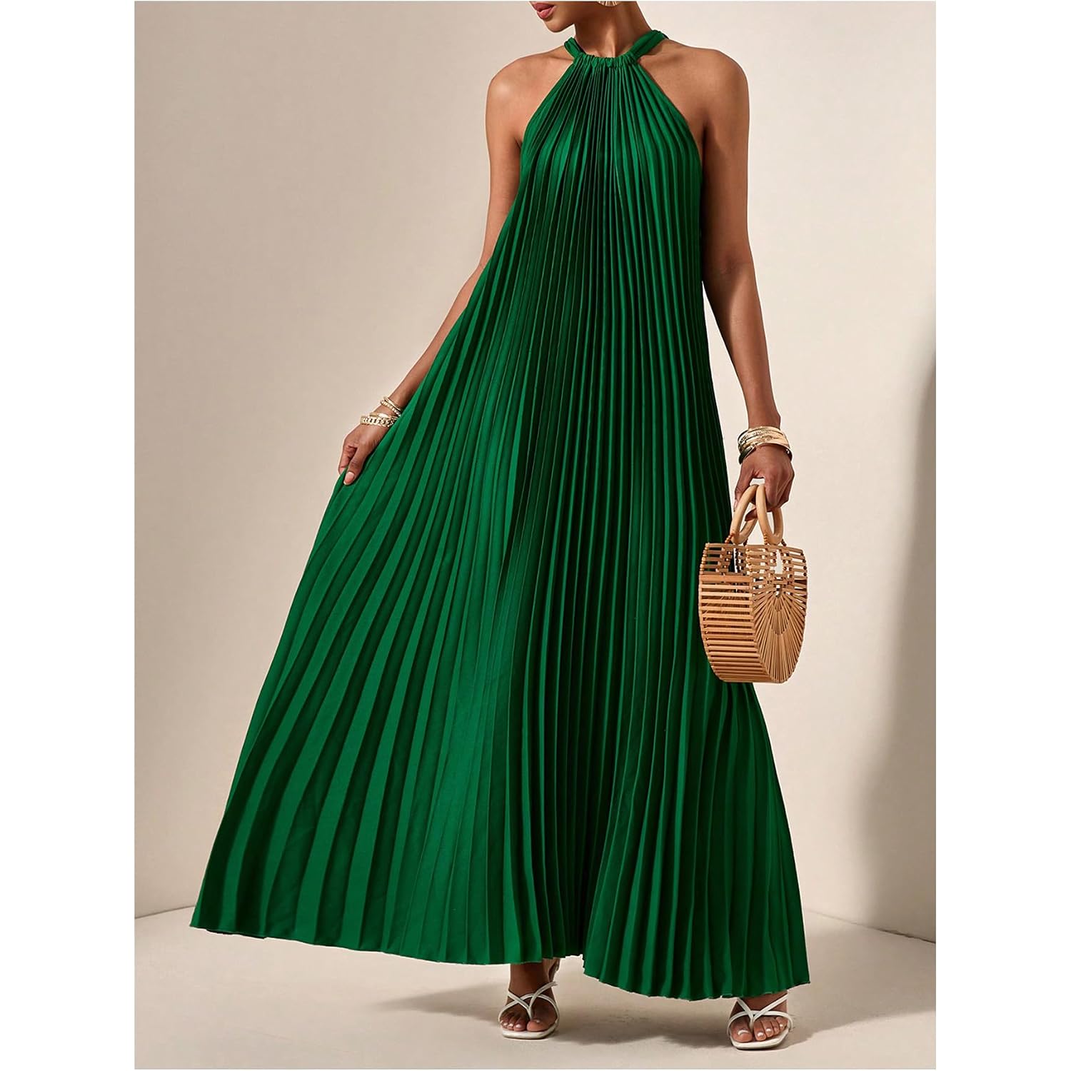 Oyoangle Women'S Summer Maxi Dress Wedding Guest Party Sleeveless Pleated Long Flowy Beach Vacation Dress