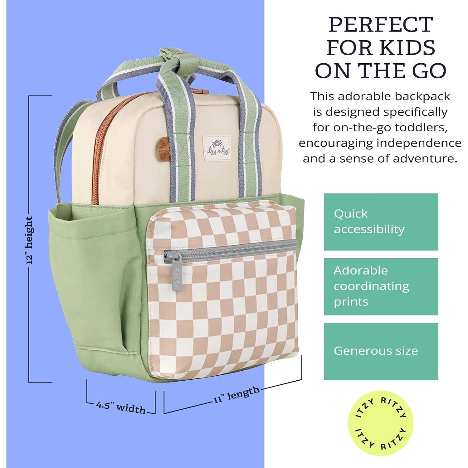 Itzy Ritzy Toddler Backpack - Daycare Bag - Features Adjustable Shoulder Straps, 2 Side Pockets & Spacious Interior With Wipeable Fabric Lining & Name Label, Checkerboard Backpack