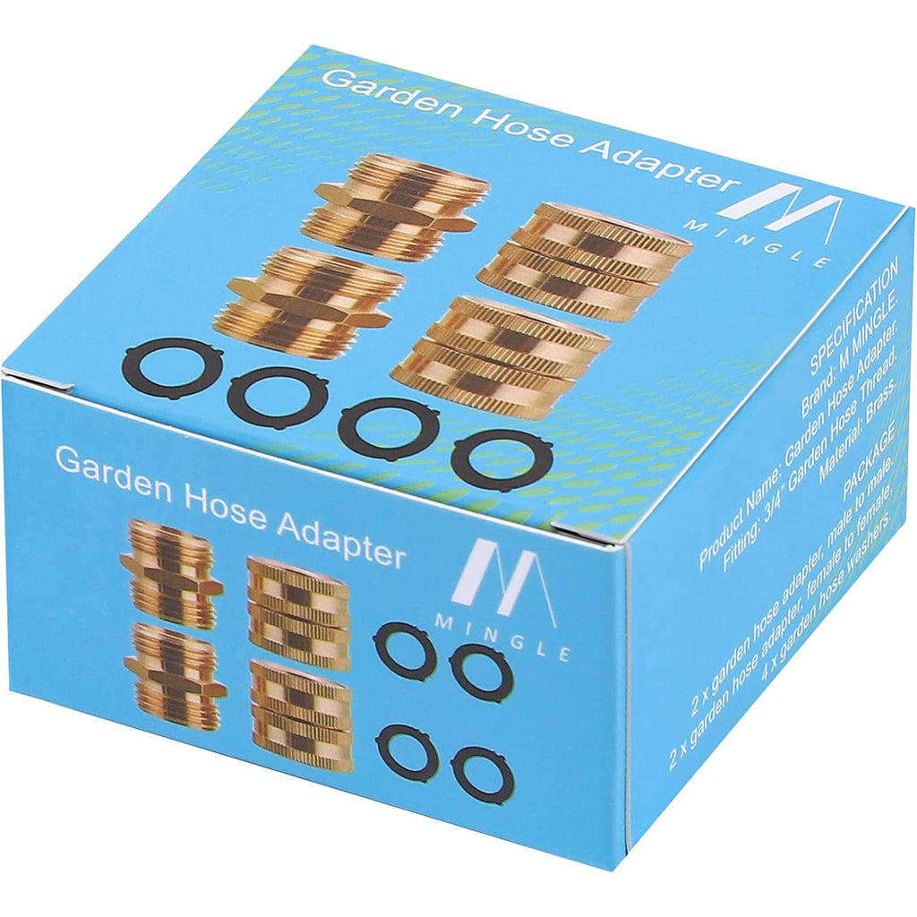 M Mingle Garden Hose Adapter, Male To Male, Female To Female, 3/4 Inch Brass Connector, 4-Pack With Extra 4 Washers