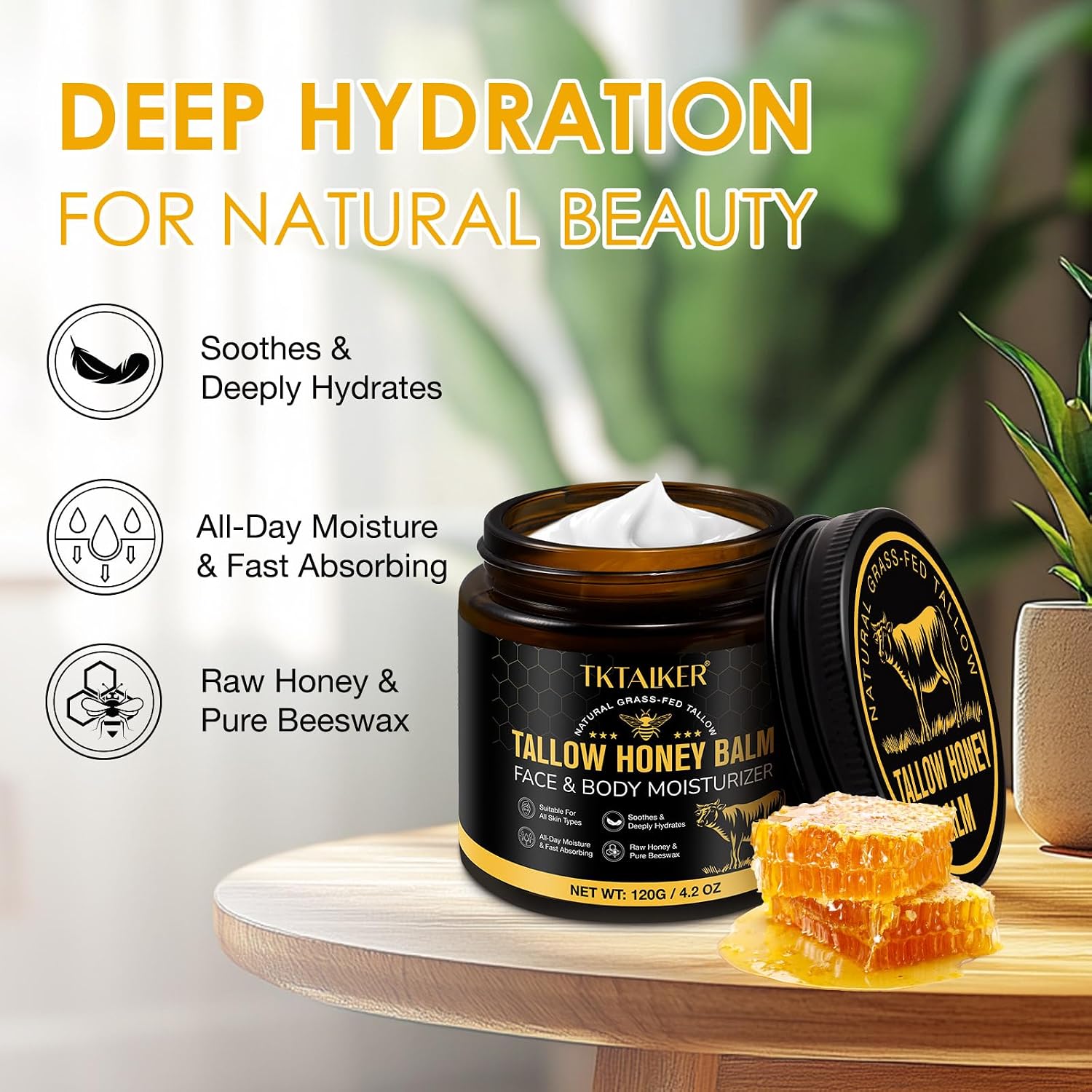 Beef Tallow For Skin, Beef Tallow For Face, Hydrating Tallow Balm With Raw Honey And Beeswax, Grass-Fed Beef Tallow & Raw Wild Honey Blend, Body & Face Moisturizer, Natural Formula, Light Scent