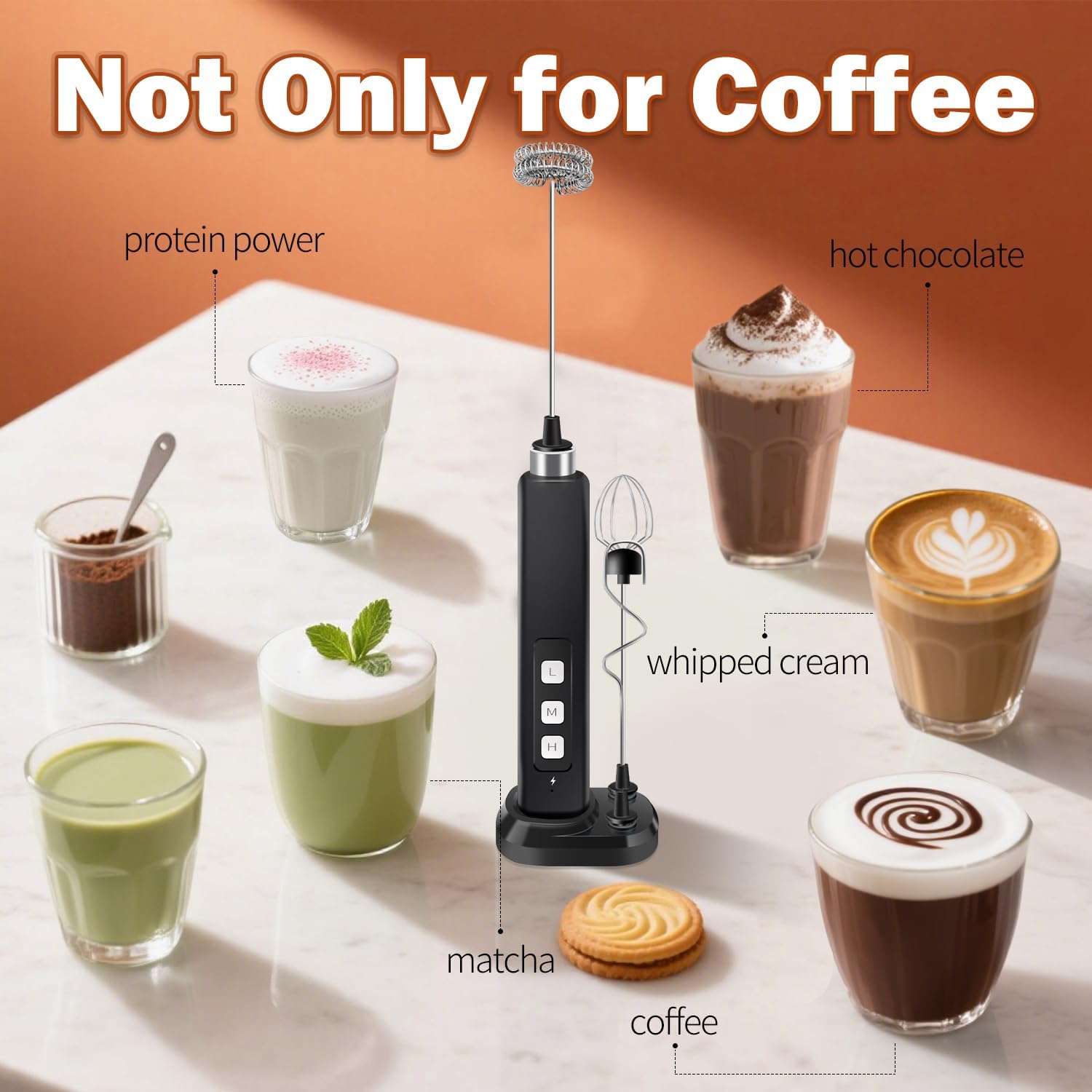 Rechargeable Milk Frother Handheld with 3 Detachable Stainless Whisks, 3 Speed Adjustable Drink Mixer, Mini Frother Wand for Coffee, Matcha, Protein Shakes, with Charging Base and Whisk Storage