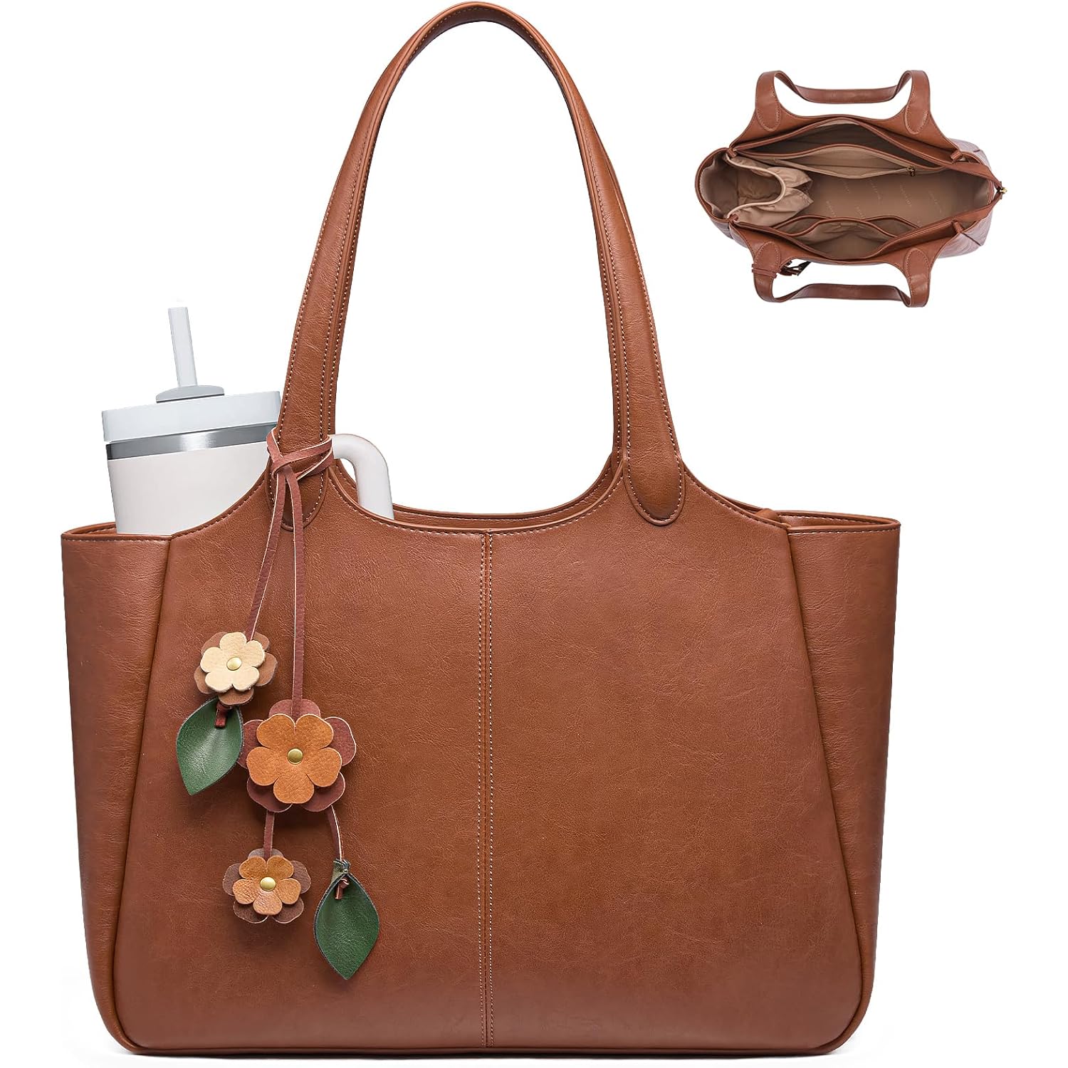 LOVEVOOK Tote Bag for Women, Leather Vintage Work Bag with 40oz Cup Holder,Nurse Teacher Shoulder Bag,Roomy,6 Pockets